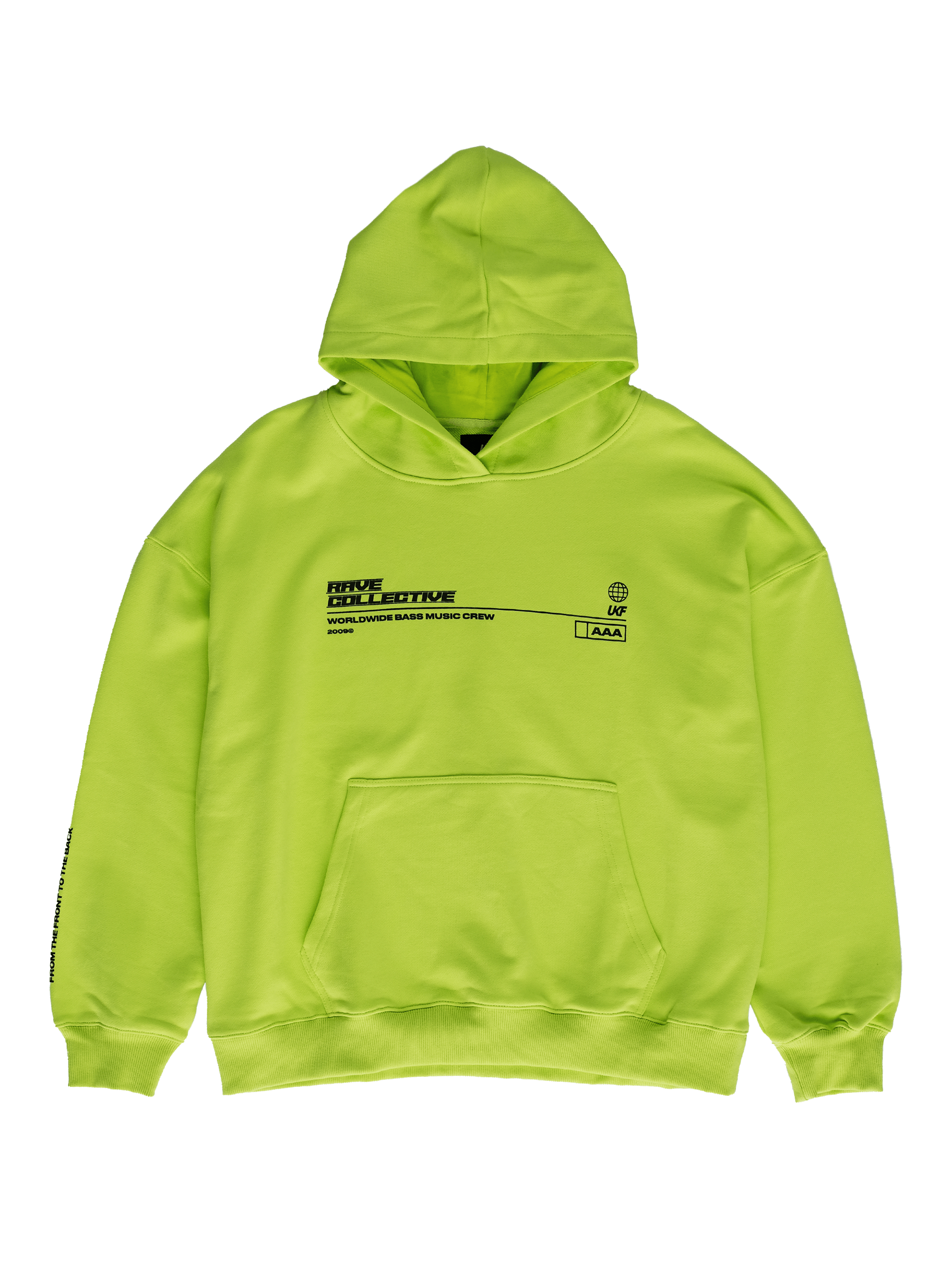 Rave Collective Green Hoodie - Green hoodie features black screen print across the best, with the lettering "RAVE COLLECTIVE", "WORLDWIDE BASS MUSIC CREW", "AAA Pass", "UKF", an image of an outlined globe, and the year "2009". On the forearm there is a black screen print with the lettering "From the front to the back"