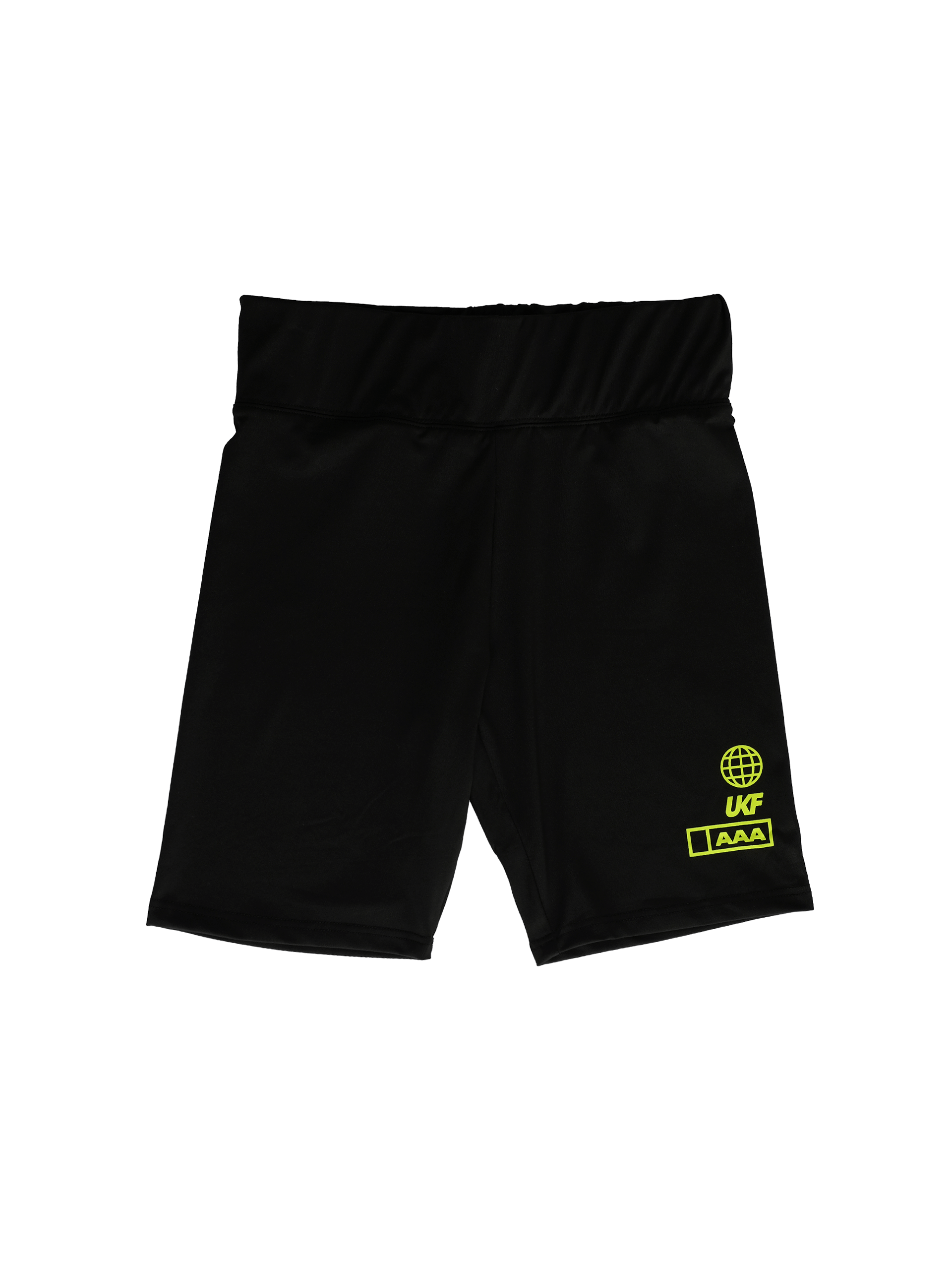 Rave Collective - Bicycle Shorts - made from lycra with green screenprint of outlined globe, UKF and AAA pass detailing on the leg.
