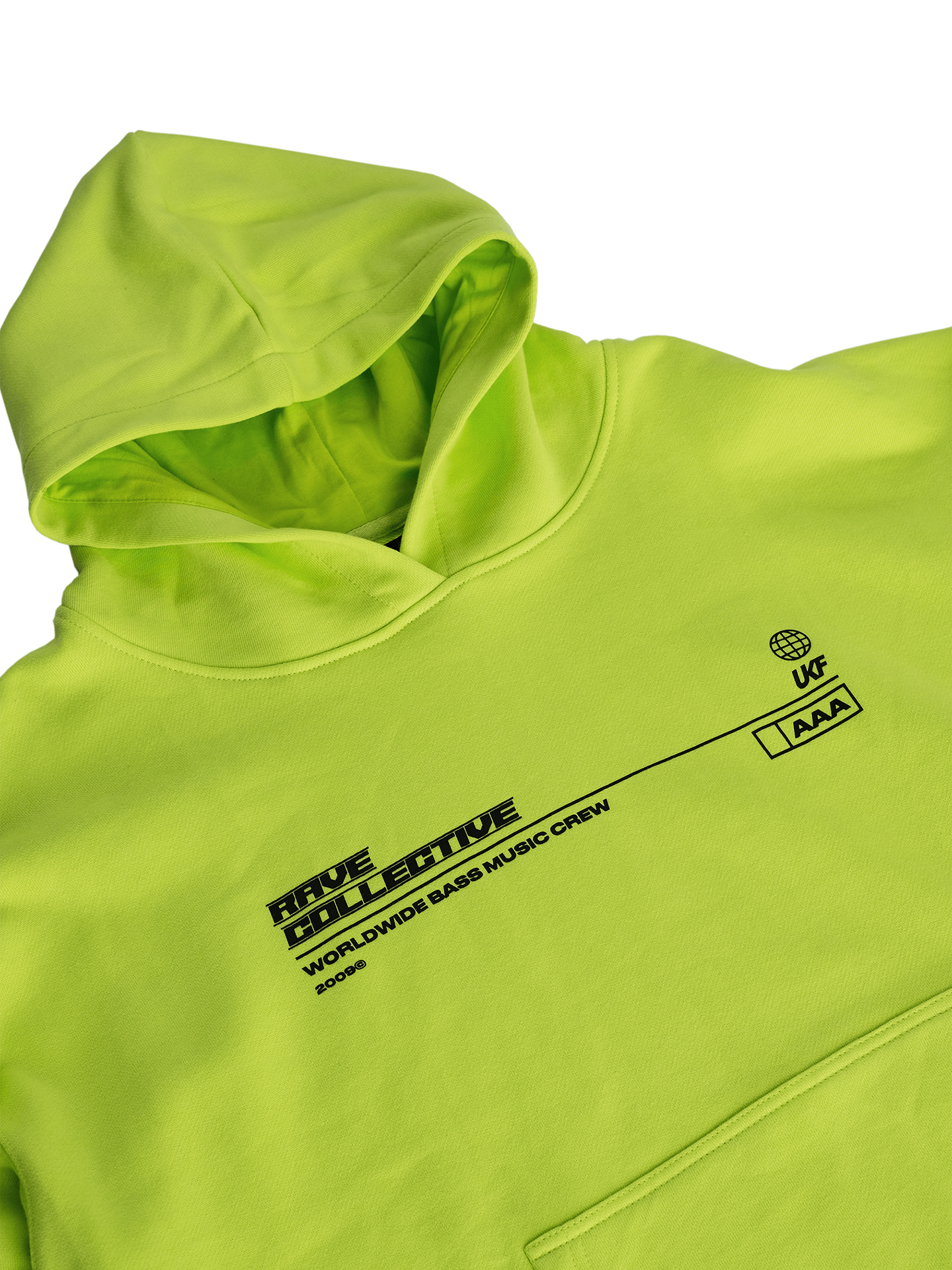 Rave Collective Green Hoodie - Close up featuring black screen print across the best, with the lettering "RAVE COLLECTIVE", "WORLDWIDE BASS MUSIC CREW", "AAA Pass", "UKF", an image of an outlined globe, and the year "2009".